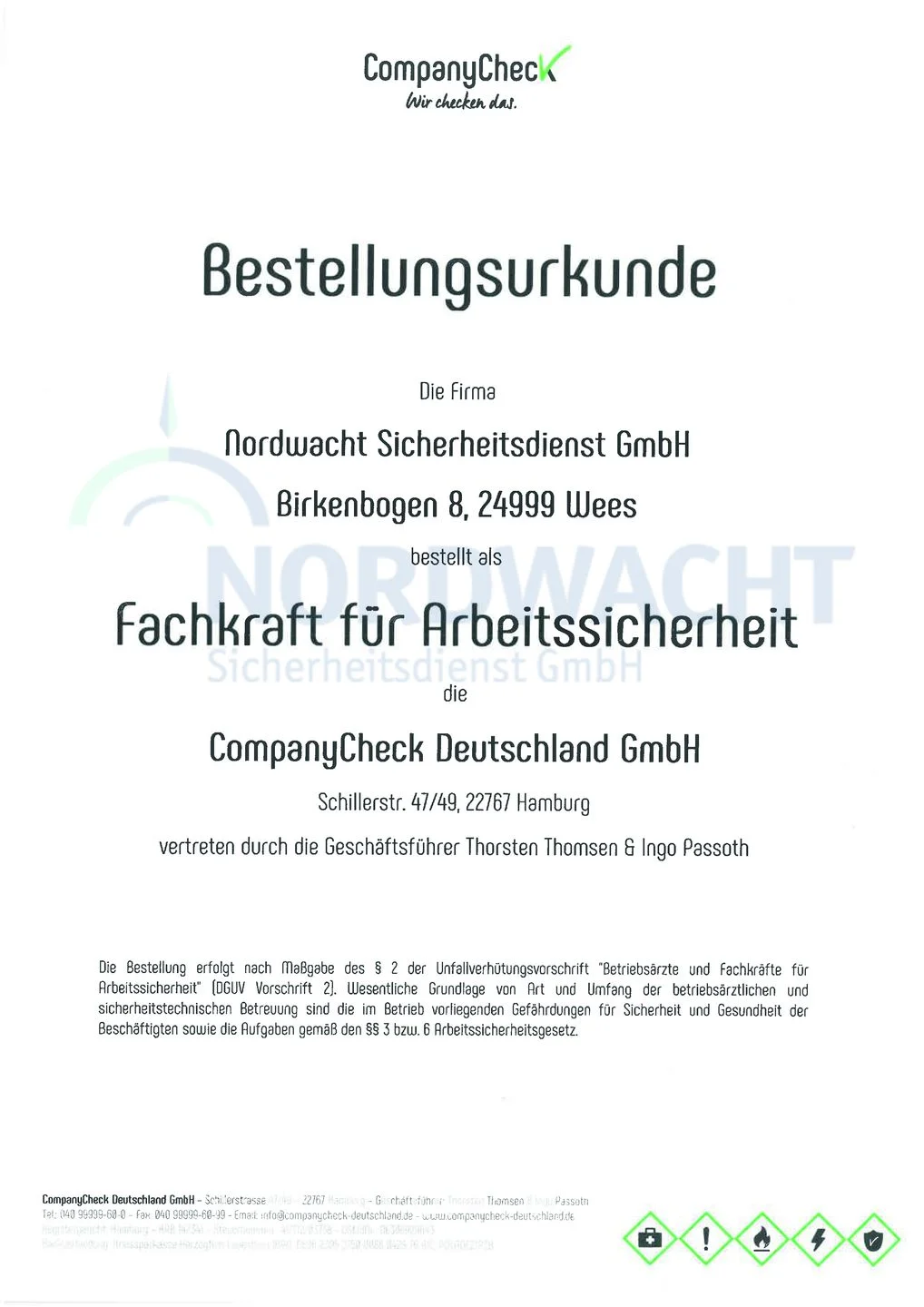 Bestellurkunde Fachkraft für Arbeitssicherheit