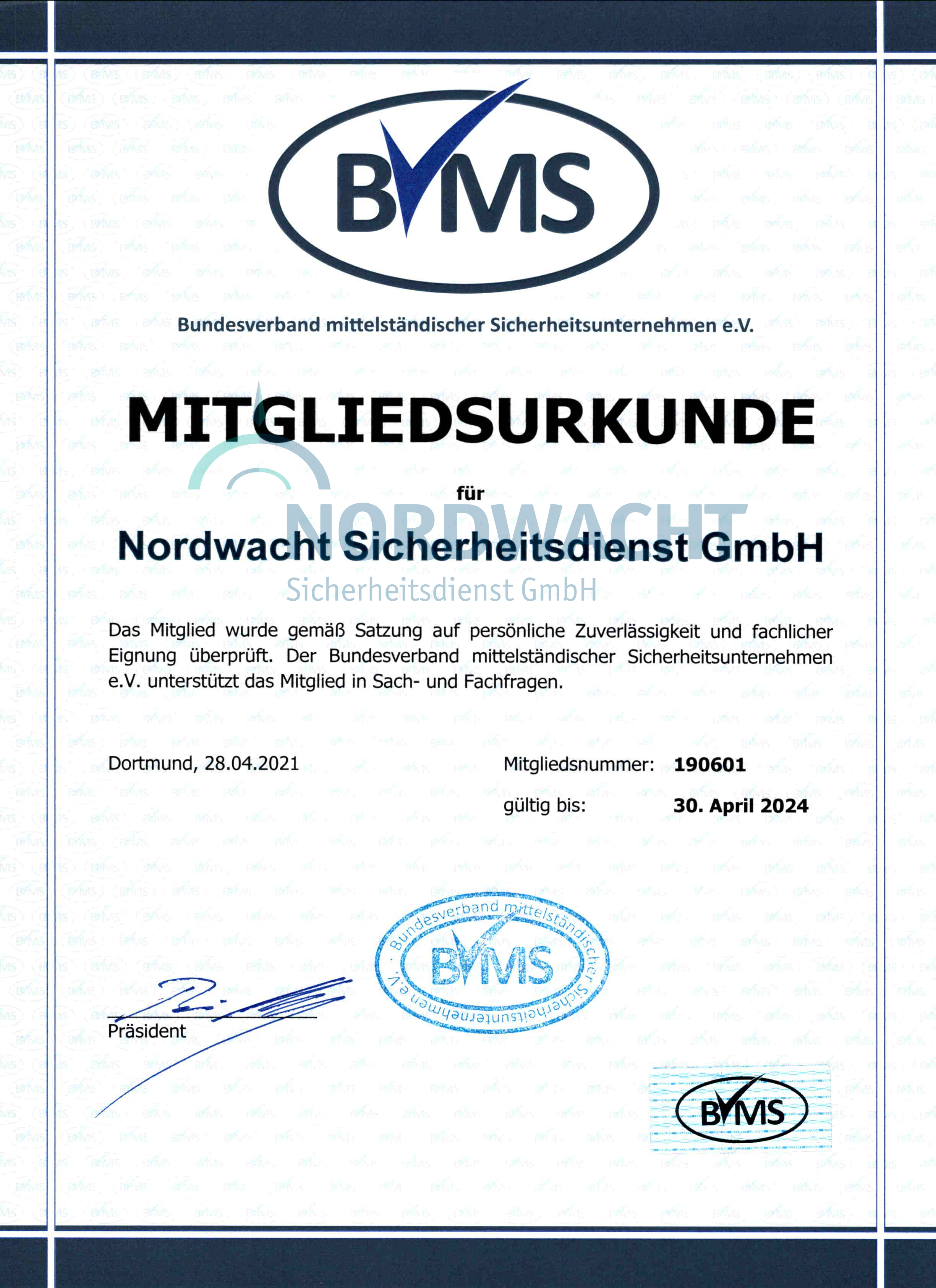 BVMS Mitgliedsurkunde